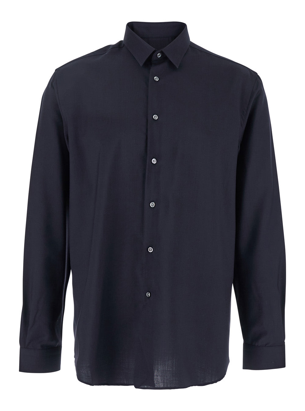 Blue Shirt with Classic Collar and Button Closure in Fabric Man Blu Virgin Wool Blouses