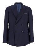 Blue Double-Breasted Jacket with Peak Revers and Embroidery Detail on the Front in Wool Man Blu Virgin Blazers