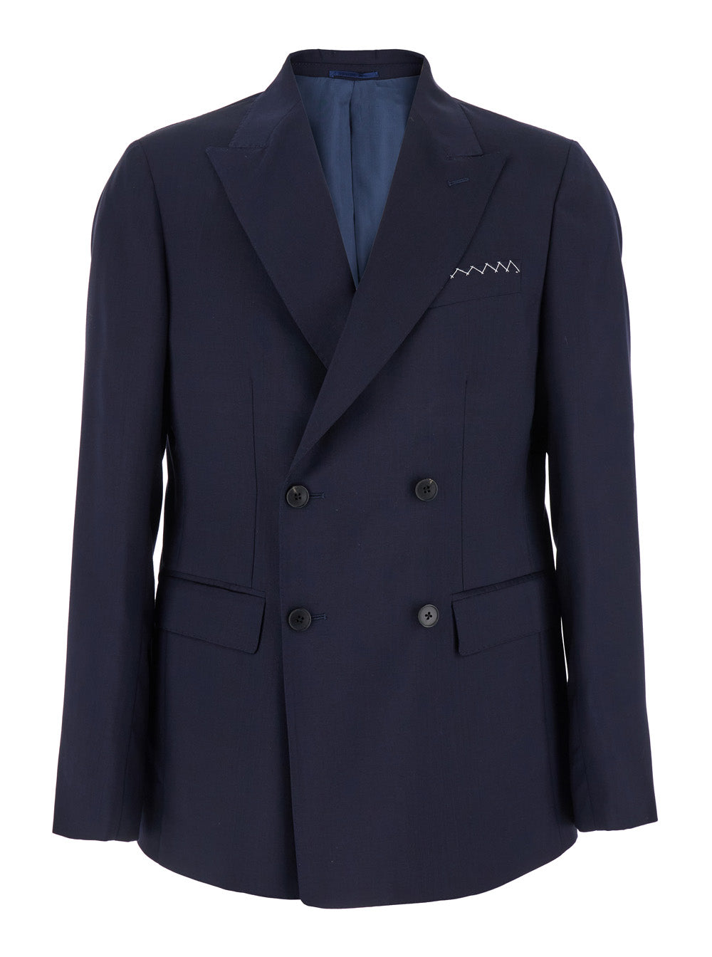 Blue Double-Breasted Jacket with Peak Revers and Embroidery Detail on the Front in Wool Man Blu Virgin Blazers