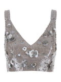 Grey Sleeveless Crop Top with Straps in Sequined Fabric Woman Tops