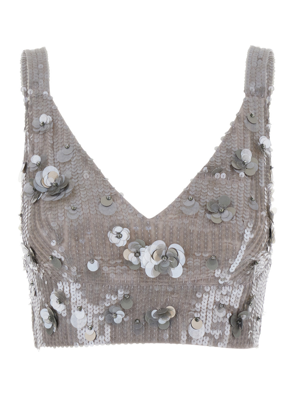 Grey Sleeveless Crop Top with Straps in Sequined Fabric Woman Tops