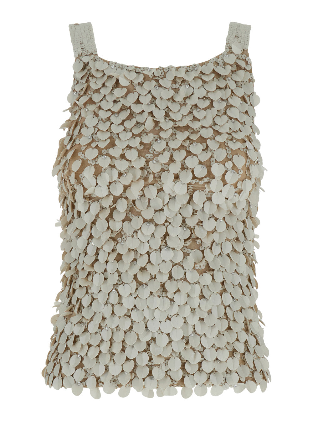 Beige Sleeveless Rhinestoned Top in Tech Fabric Stretch Woman Polyamide Elastane Tops
