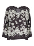 White and Black Blouse with V-neck All-Over Floral Pattern in Silk Woman Brown Shirts Blouses