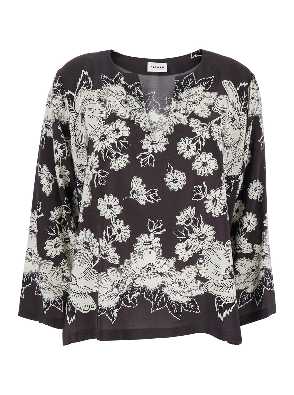 White and Black Blouse with V-neck All-Over Floral Pattern in Silk Woman Brown Shirts Blouses