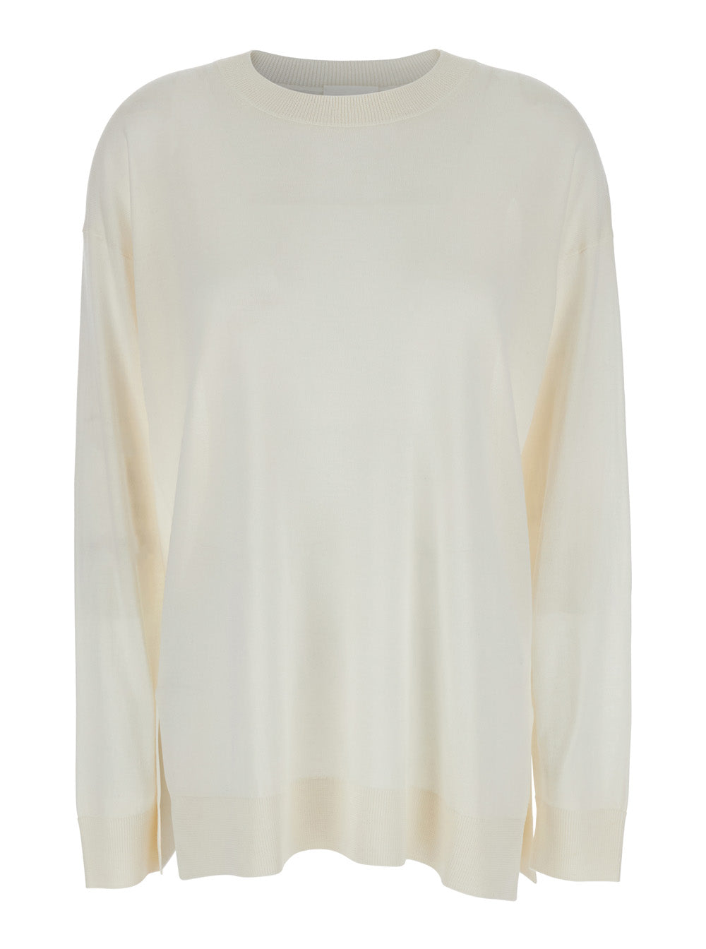 White Long-Sleeved Crewneck Sweater in Wool and Silk Blend Woman Cashmere Jersey