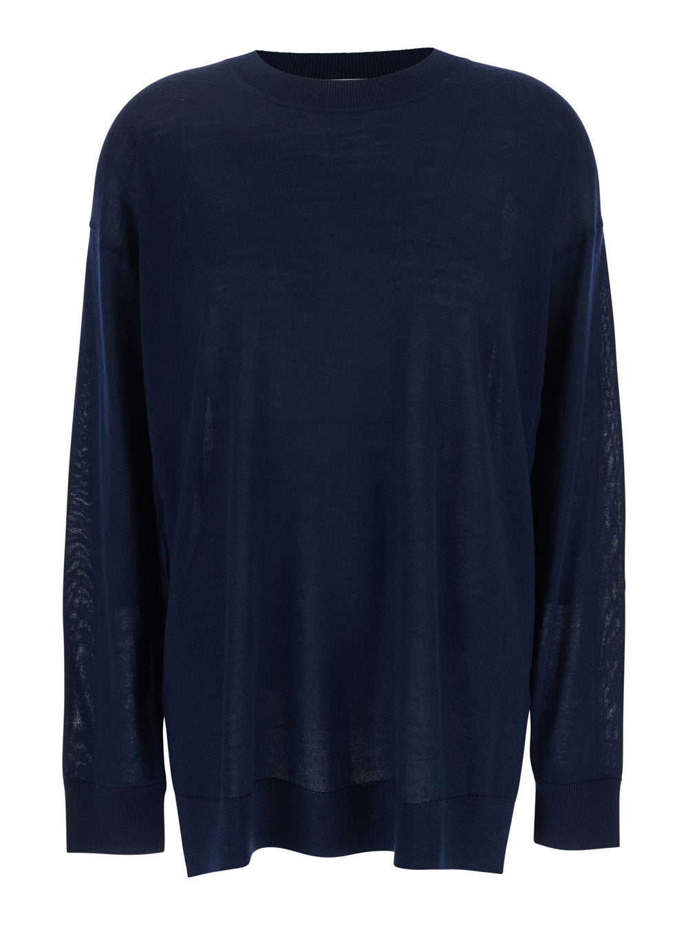 Blue Long-Sleeved Crewneck Sweater in Wool and Silk Blend Woman Blu Cashmere Jersey