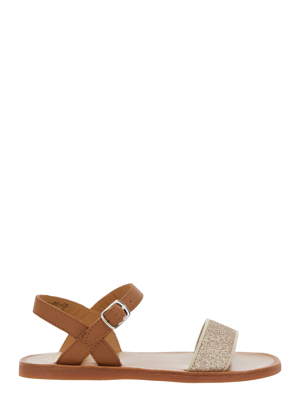 Plagette Brown Sandals with Open Toe and Glitter Detail in Leather Girl Flat Shoes