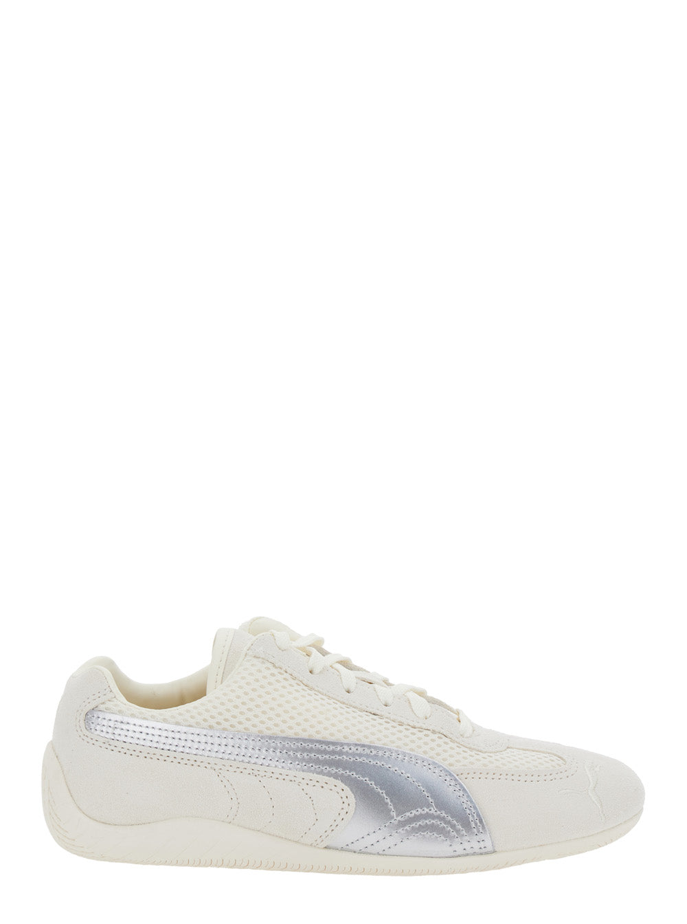 Speedcat Beige Low Top Sneakers with Logo Patch on the Tongue and Formstrip Detail Sidei n Leather Mesh Unisex Textile