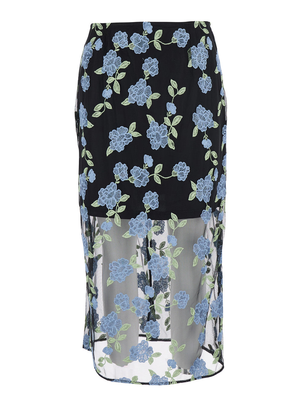 Black Pencil skirt with Mesh Panels and All-Over Floral Motif in Tech Fabric Woman Polyester