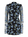 Black High Neck Mini Dress With Semi Sheer Sleeves And All-Over Floral Motif In Tech Fabric Woman Polyamide Viscose Wool