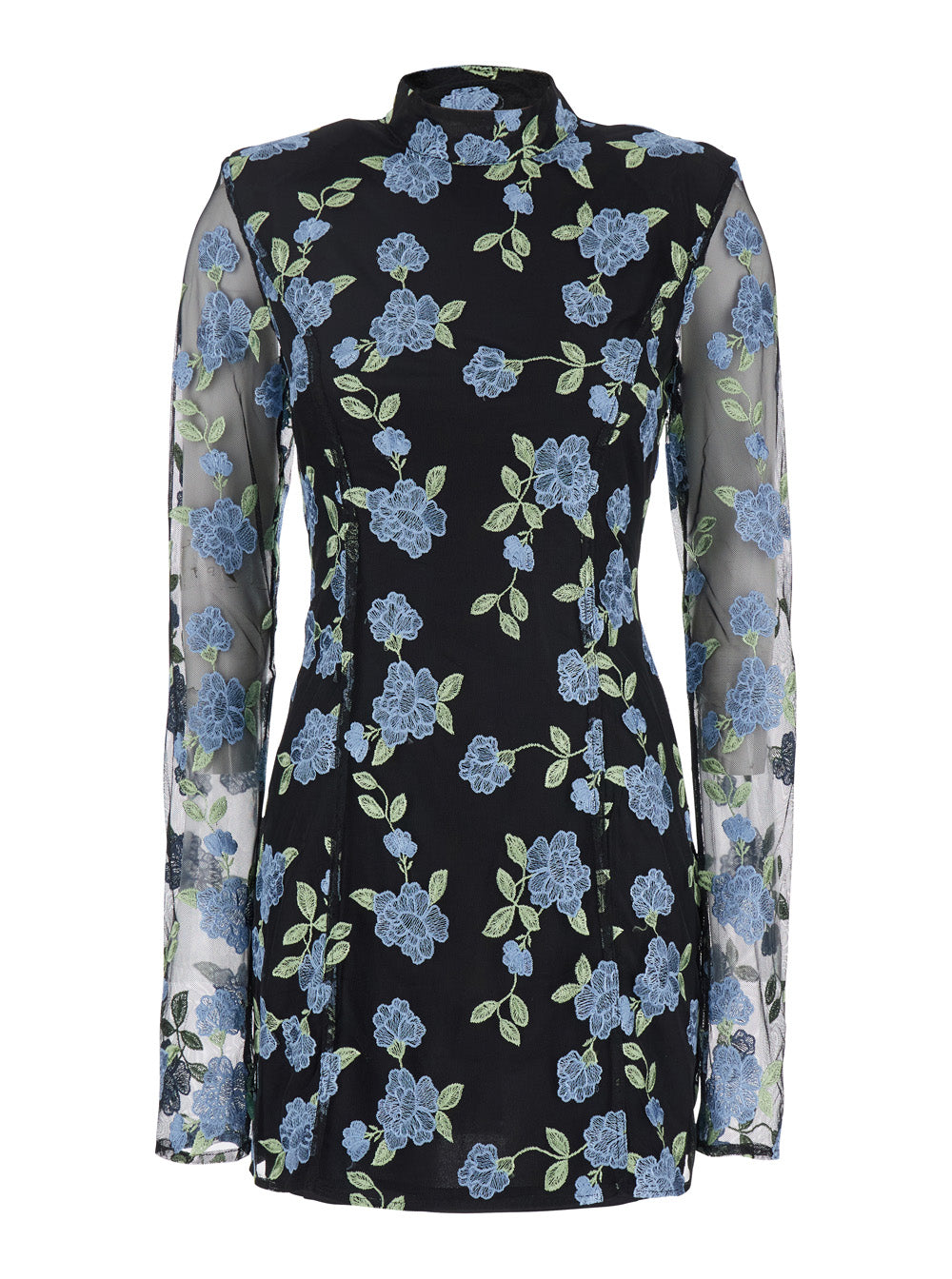 Black High Neck Mini Dress With Semi Sheer Sleeves And All-Over Floral Motif In Tech Fabric Woman Polyamide Viscose Wool