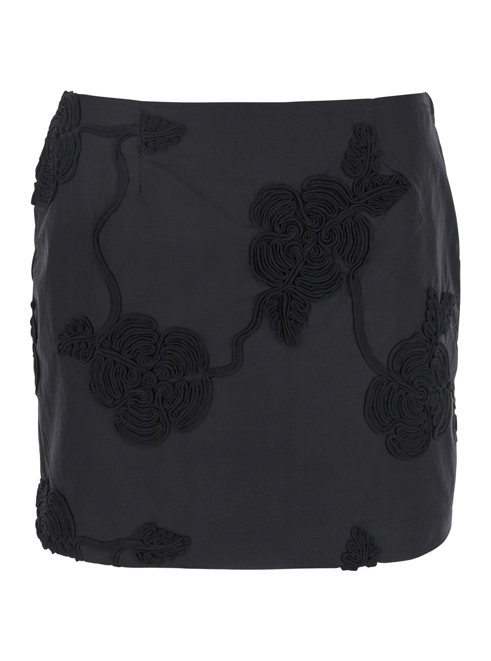 Black Mini Skirt With 3d Floral Details Applied All-Over Cotton Woman - 34