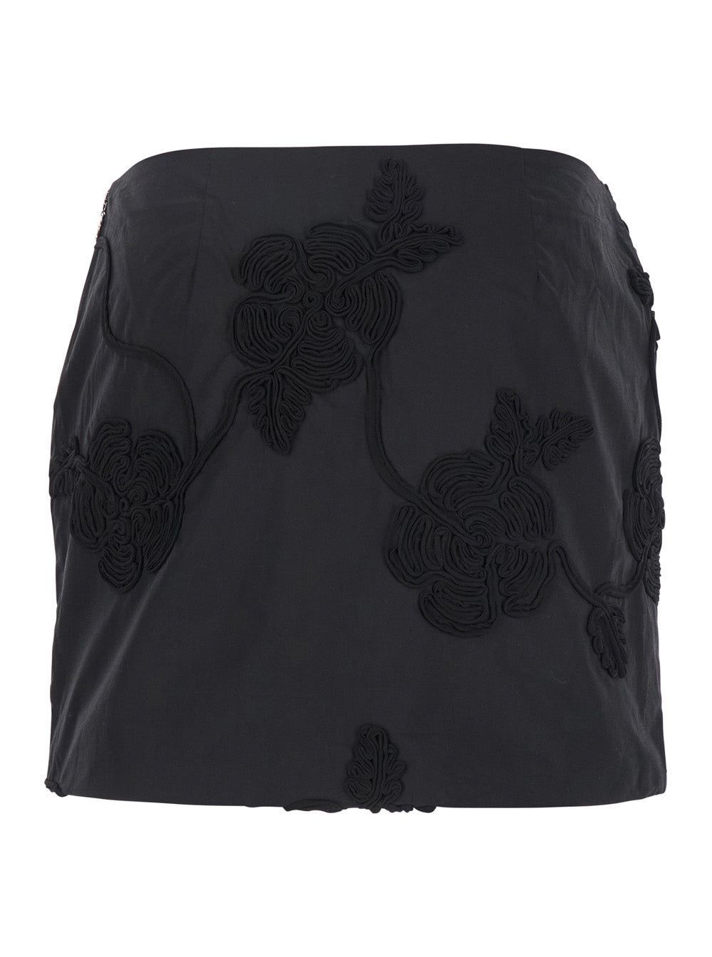 Black Mini Skirt With 3d Floral Details Applied All-Over Cotton Woman - 34