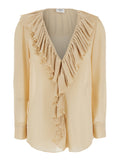 Beige Blouse with V Neck and Ruffles on Front Rear in Silk Woman Shirts Blouses