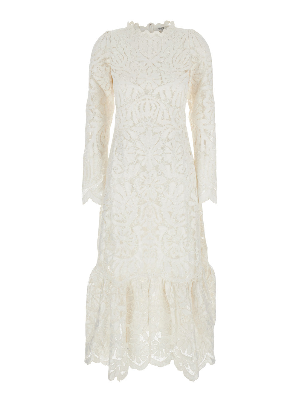 Agathe Applique White Crewneck Long Dress with Asymmetric Hem in Tech Fabric Woman Polyester