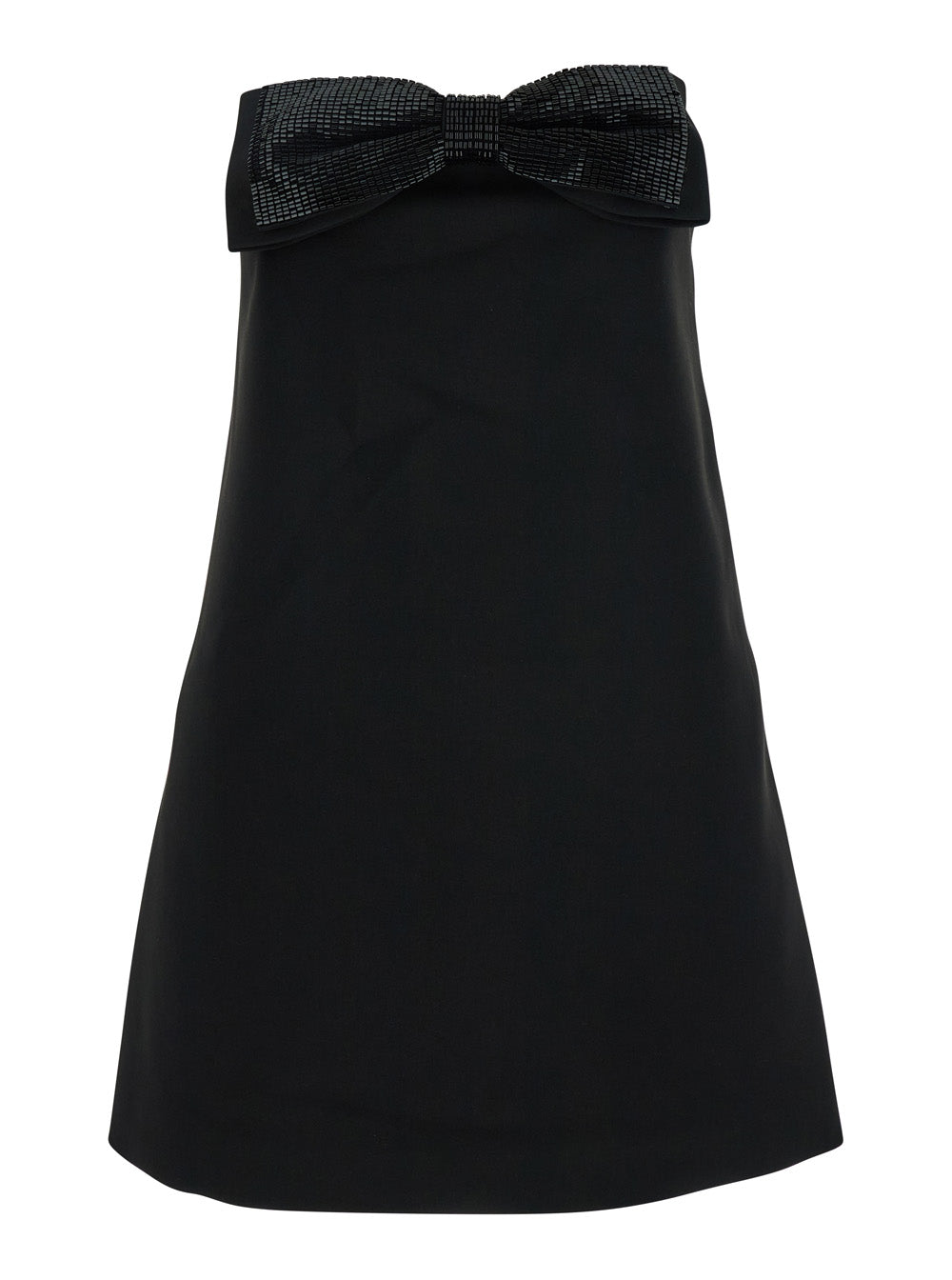 Black Sleeveless Mini Dress With Bandeau And Beaded Oversize Bow Tech Fabric Woman - UK 6