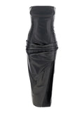 Black Sleeveless Off-Shoulder Midi Dress with Front Single Slit and Ruched Waist in Leather Woman Lamb