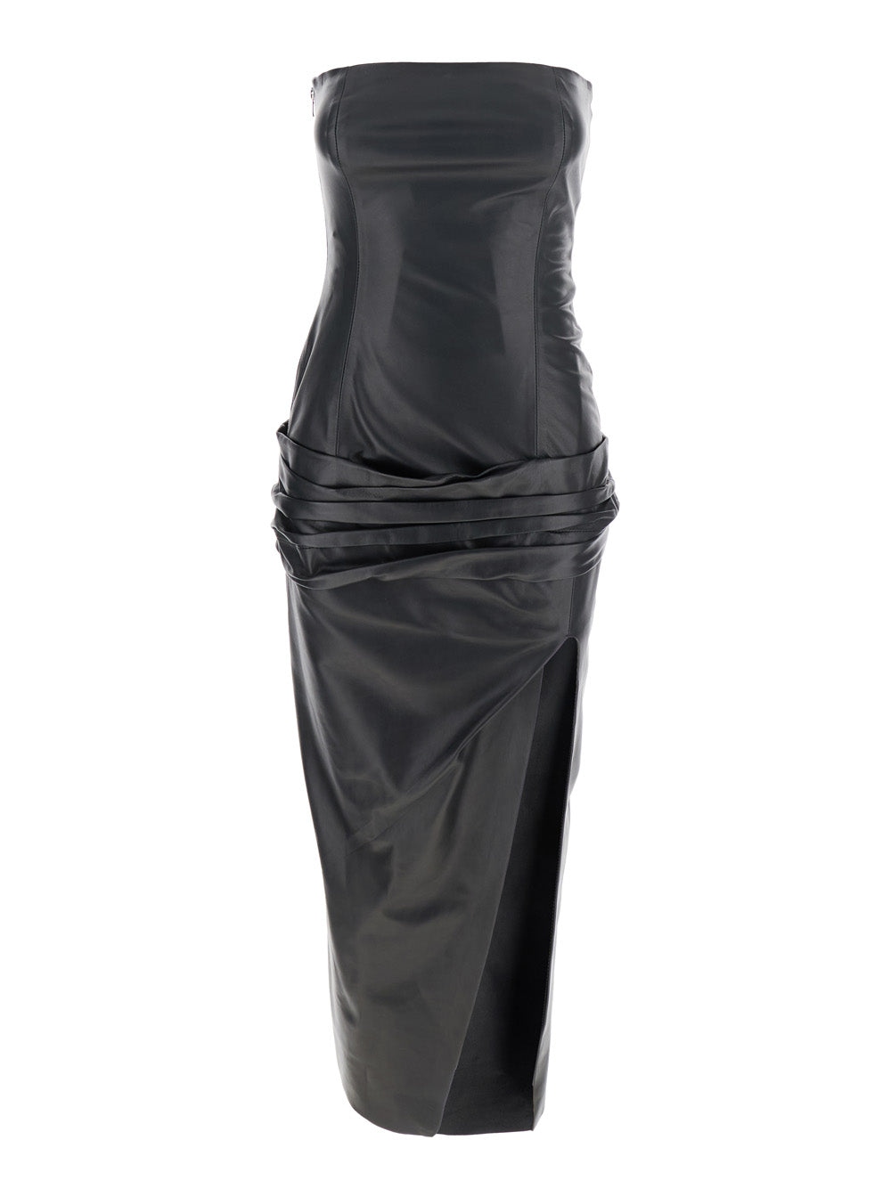 Black Sleeveless Off-Shoulder Midi Dress with Front Single Slit and Ruched Waist in Leather Woman Lamb
