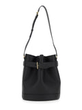 Black Medium Bucket Bag with Adjustable Shoulder Strap and Buckle Closure in Grained Leather Woman Calf