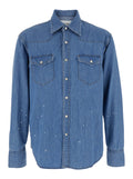 Light Blue Shirt with Classic Collar and All-Over Hand Painted Details in Denim Man Blu Cotton Blouses