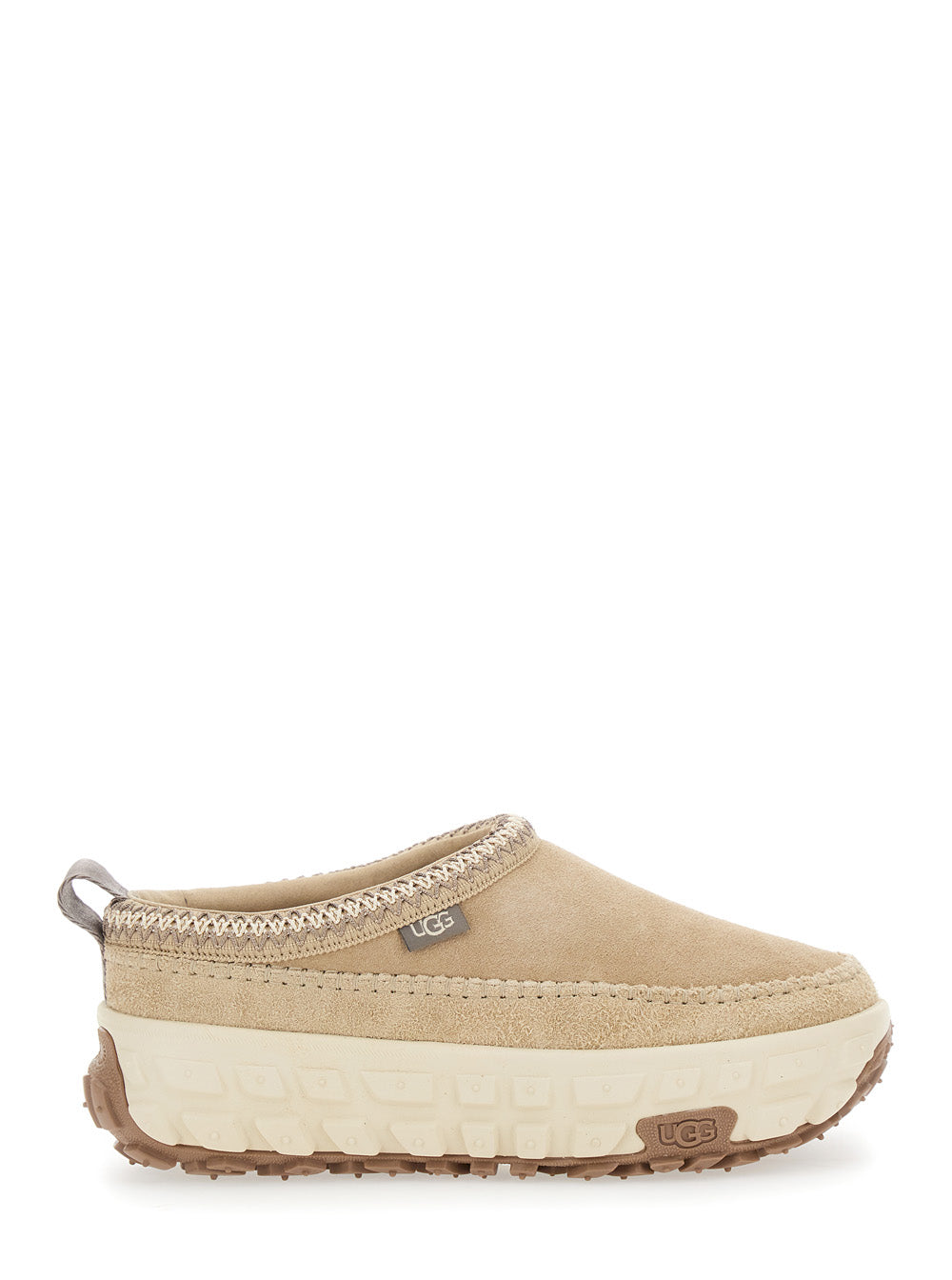 Venture Daze Beige Mules with Decorative Stitching and Side Logo Patch in Suede Man Flat Shoes