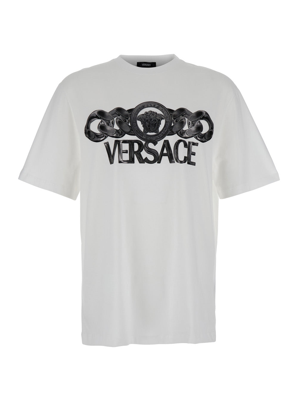 White T-Shirt with Medusa Head Logo Print on the Front in Cotton Man Tshirts And Polo Shirts