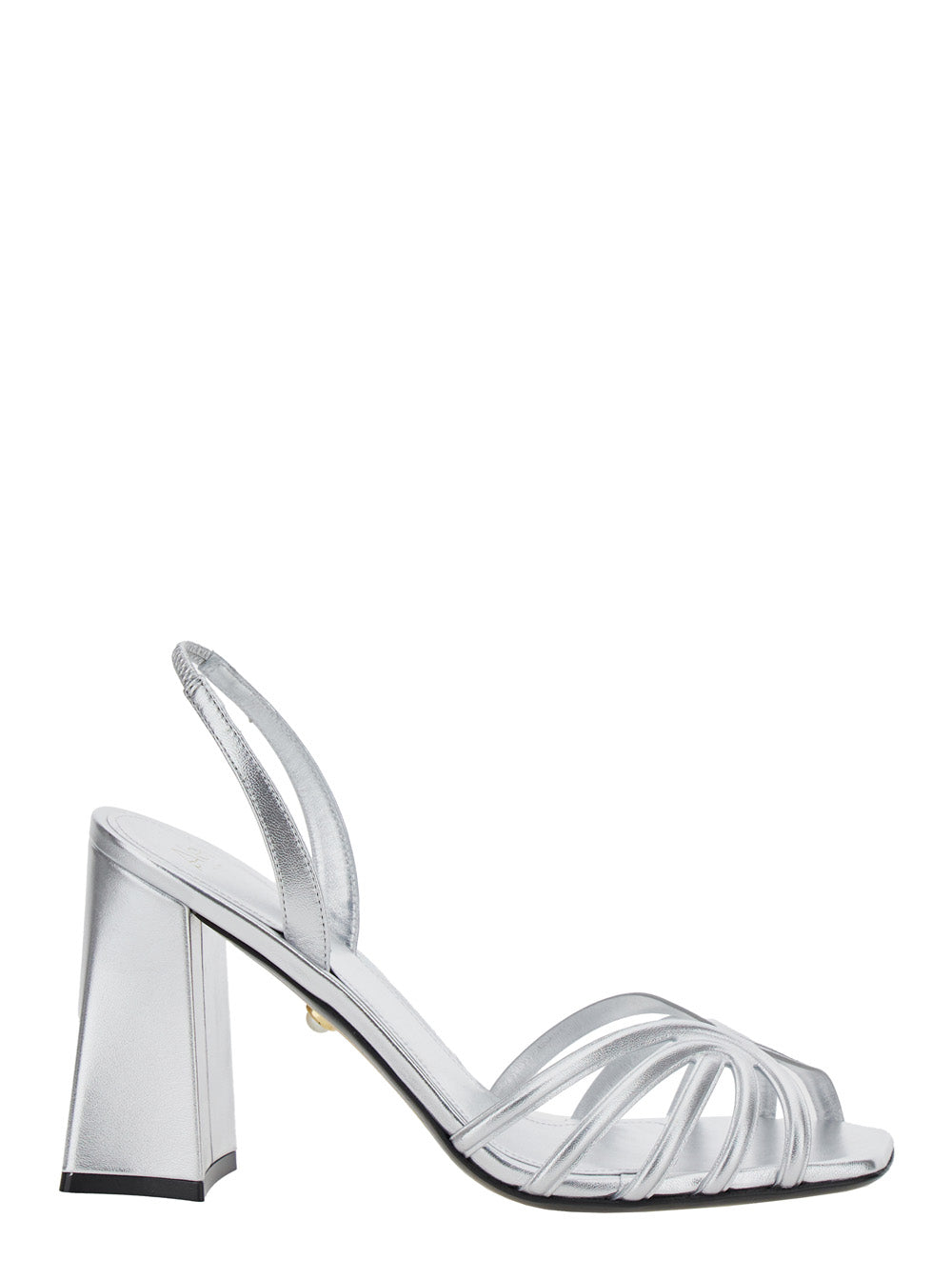 Tara Metallic Sandals with Elastic Ankle Strap and Block Heel in Leather Woman Goat Heels