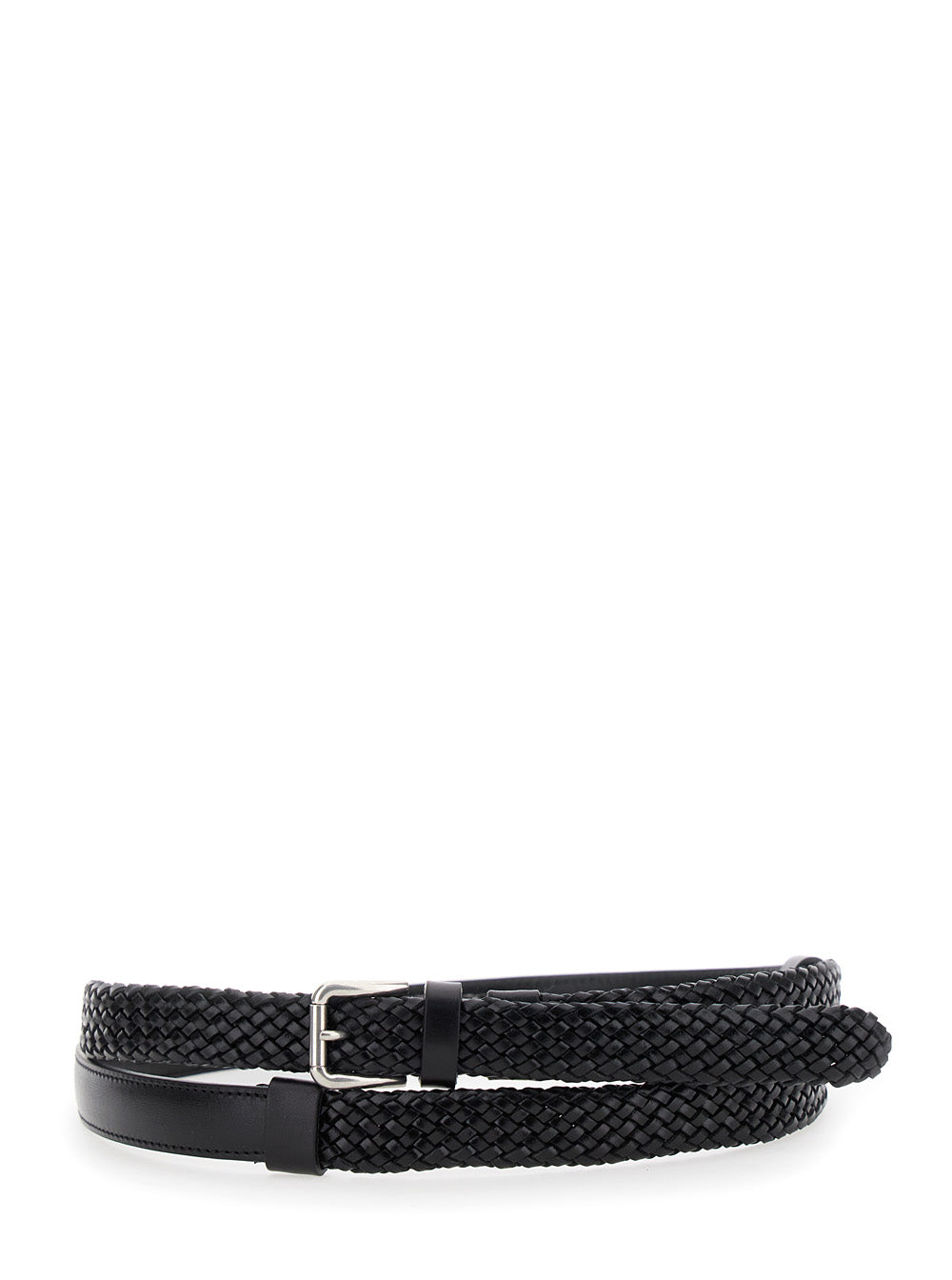 Black Belt with Buckle Closure and Interwoven Design in Leather Man Calf
