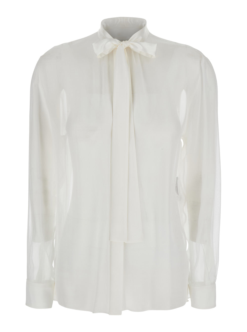 White Shirt with Pussy-Bow Collar in SIlk Woman And Blouses