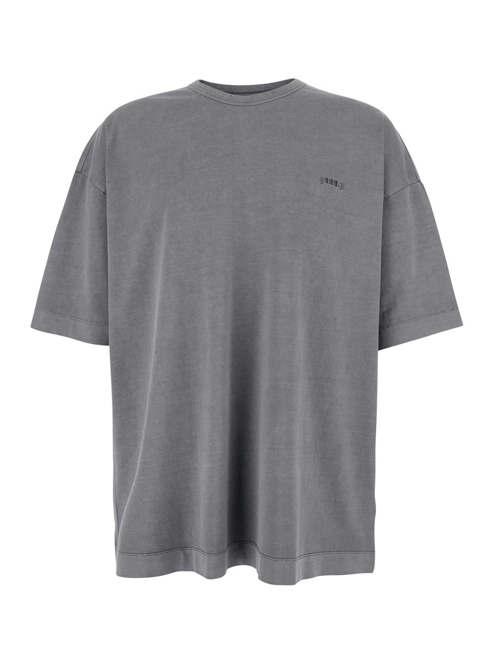 Grey T-Shirt with Logo Embroidered on the Front and Print Back in Cotton Man Tshirts Polo Shirts