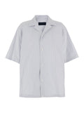 Blue Bowling Shirt with Cuban Collar and All-Over Striped Motif in Cotton Blend Man Light Polyester Blouses