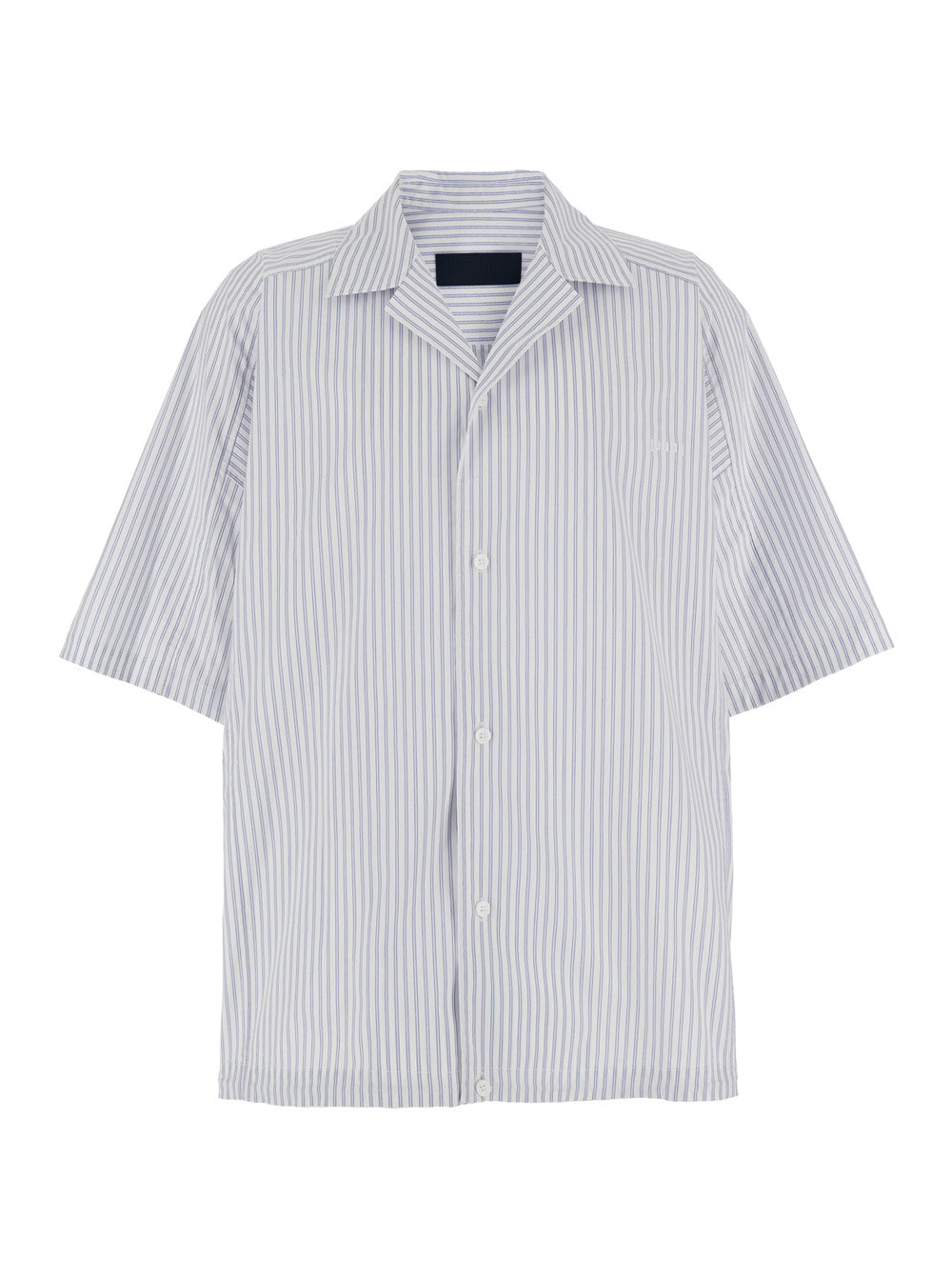Blue Bowling Shirt with Cuban Collar and All-Over Striped Motif in Cotton Blend Man Light Polyester Blouses