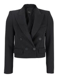 Black Double-Breasted Cropped Jacket with Peak Lapels in Satin Woman Polyester Blazers
