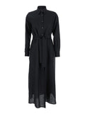 Black Dress with Classic Collar and Adjustable Skirt in Linen Woman Long
