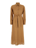Beige Dress with Classic Collar and Adjustable Skirt in Linen Woman Long