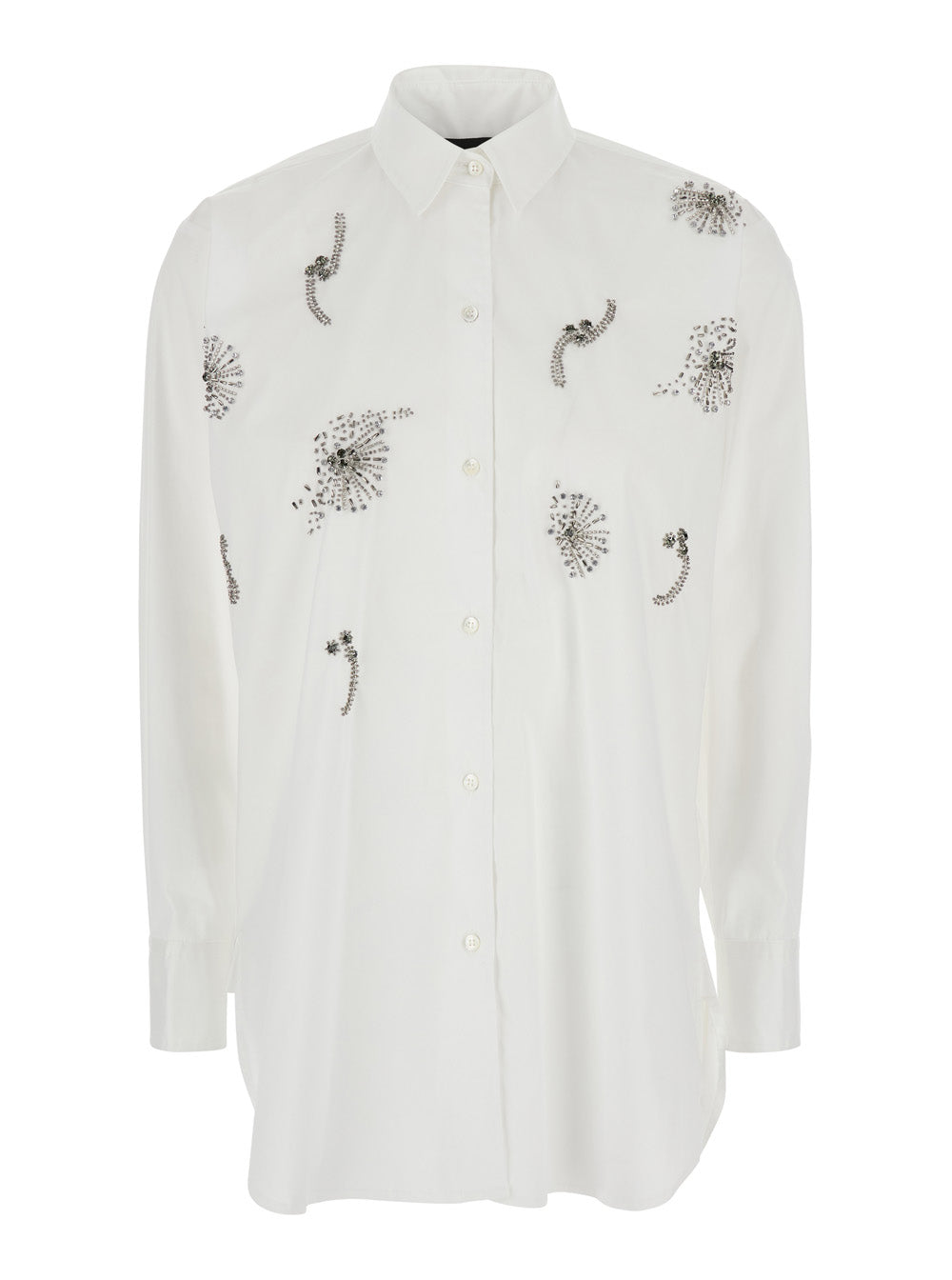 White Shirt with Classic Collar and Rhinestone Embellishments on the Front in Cotton Blend Stretch Woman Otton Polyamide Elastane Blouses