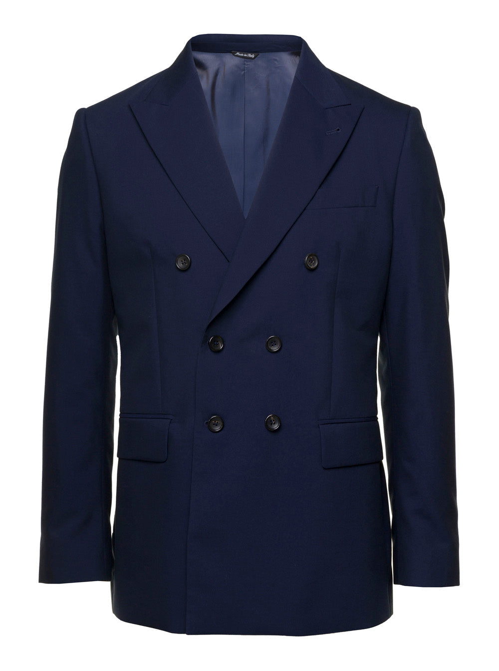 Blue Double-breasted Blazer with Pointed Reverses in Wool and Cotton Blend Man Blu Virgin Blazers