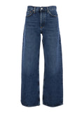 Womens Blue Denim Arc Jeans with Logo Patch on the Back and Wide Leg Blu Regenerative Cotton