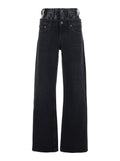 Elson Double Waist Jeans with Leather Details in Black Denim for Women Regenerative Cotton