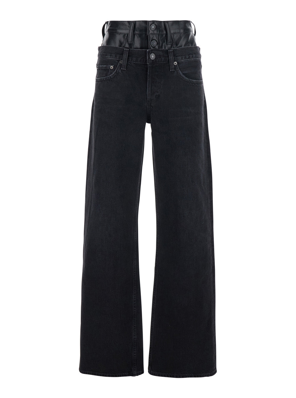 Elson Double Waist Jeans with Leather Details in Black Denim for Women Regenerative Cotton