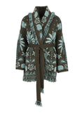 Cardigan Echoes Of The Island with Geometric Motif and Frayed Hem in Multicolor Wool for Women Jersey
