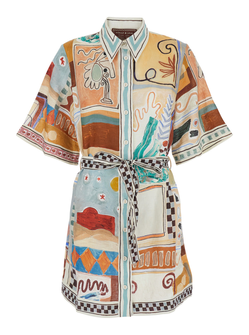 Michelle Multicolor Mini Dress With Classic Collar And All-Over Geometric Motif Linen For Women