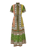 Contina Multicolor Long Dress With Front Belt And All-Over Print Linen For Women
