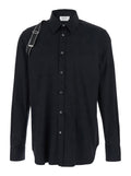 Shirt with Classic Collar and Buckle Detail in Black Cotton for Men Elastane Blouses