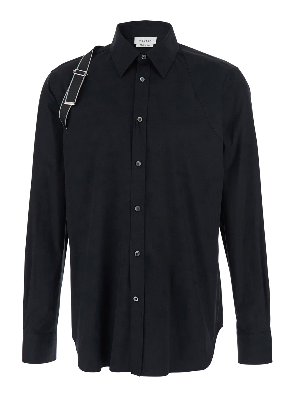 Shirt with Classic Collar and Buckle Detail in Black Cotton for Men Elastane Blouses