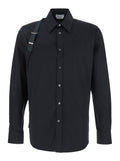 Black Harness Shirt with Classic Collar and Strap Detail on Sleeve in Cotton for Men Elastane Blouses