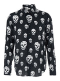 Black Pointed Collar Shirt with All-Over Skull Print for Men Viscose And Blouses