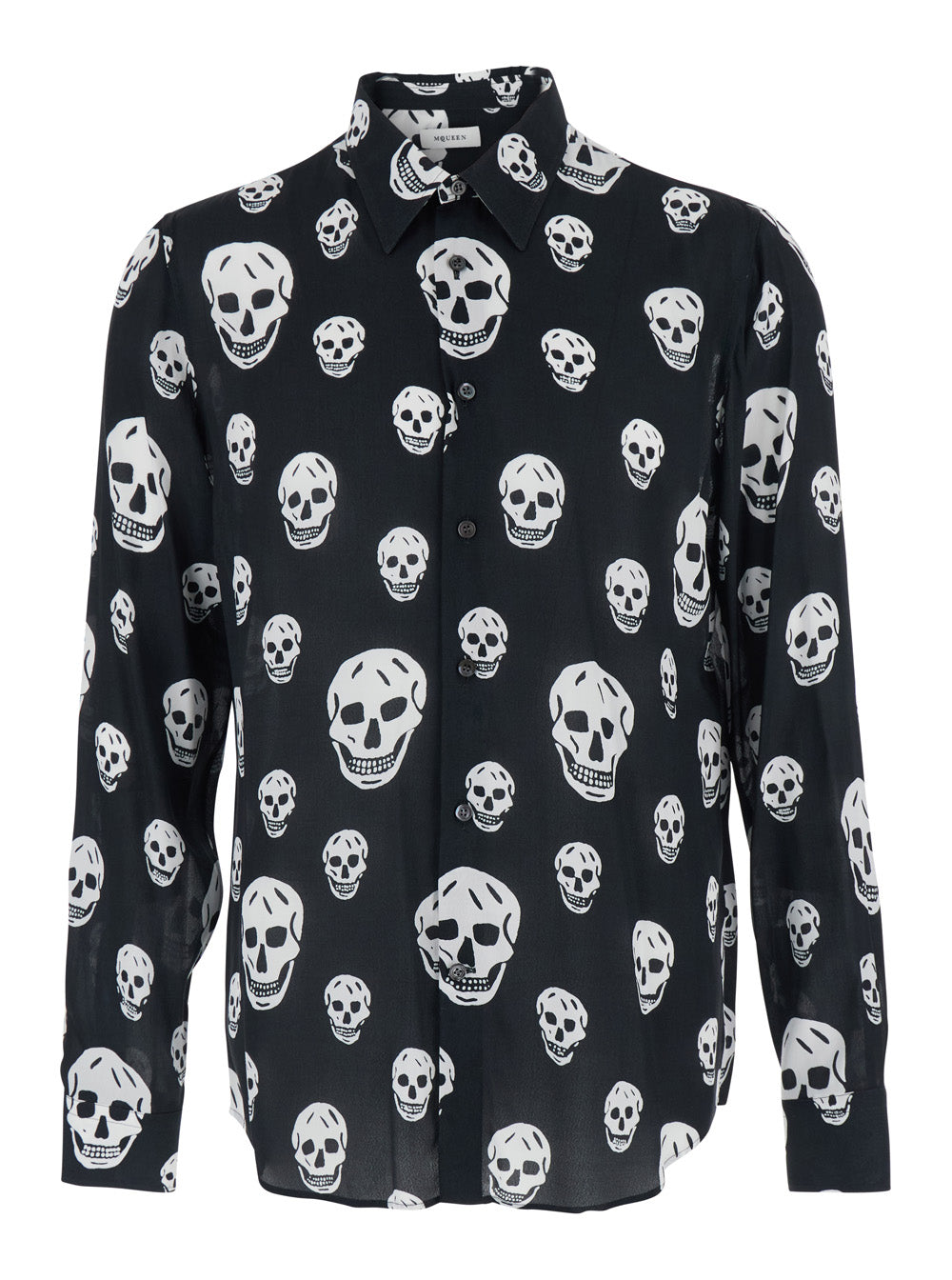 Black Pointed Collar Shirt with All-Over Skull Print for Men Viscose And Blouses