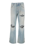Mens Light Blue Denim Jeans with Ripped Details and Logo Patch on the Back Cotton