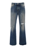 Blue Mens Jeans with Front Rips and Logo Patch on the Back Blu Cotton